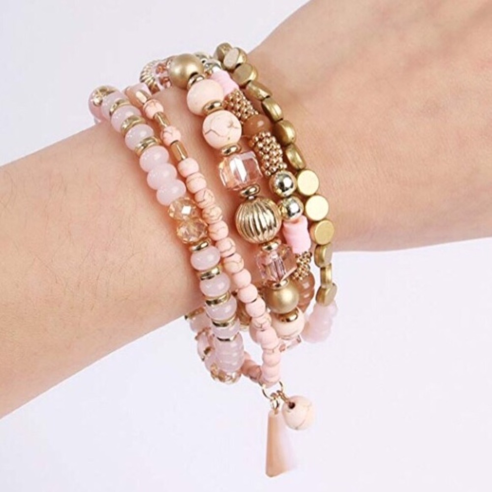 Stacked Bracelets (5) Natural Pink Tassel Charms - Picture 3 of 5